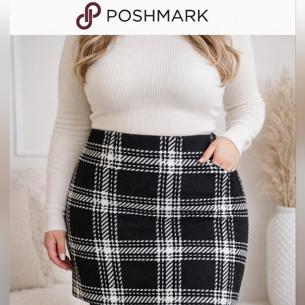 GAP Black and White Wndowpane Plaid Pockets Wool Mini Pencil Skirt 16